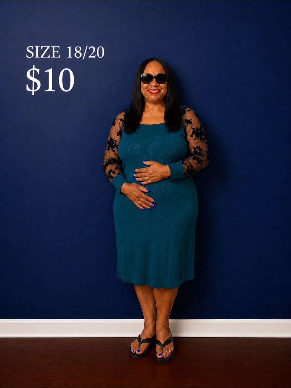 Teal Lace-Sleeve Knit Dress - Plus Size